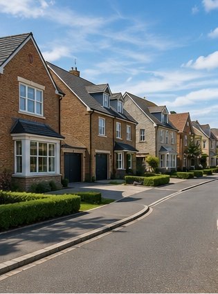 Landscaped UK residential estate with paths and greenery